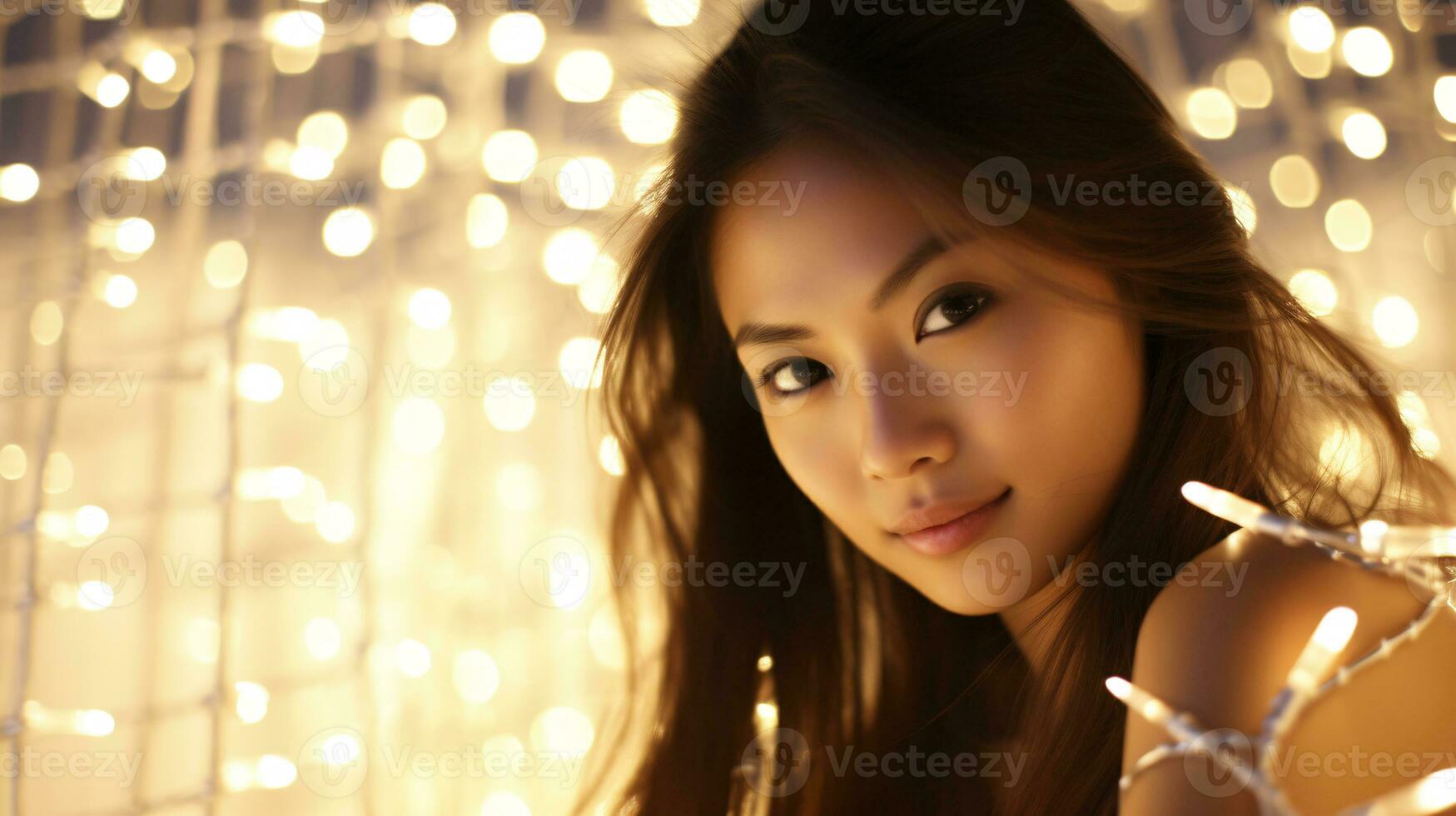 AI generated Glowing Elegance Model Basks in the Enchanting Radiance of Sparkling String Lights against a Pristine White Backdrop photo