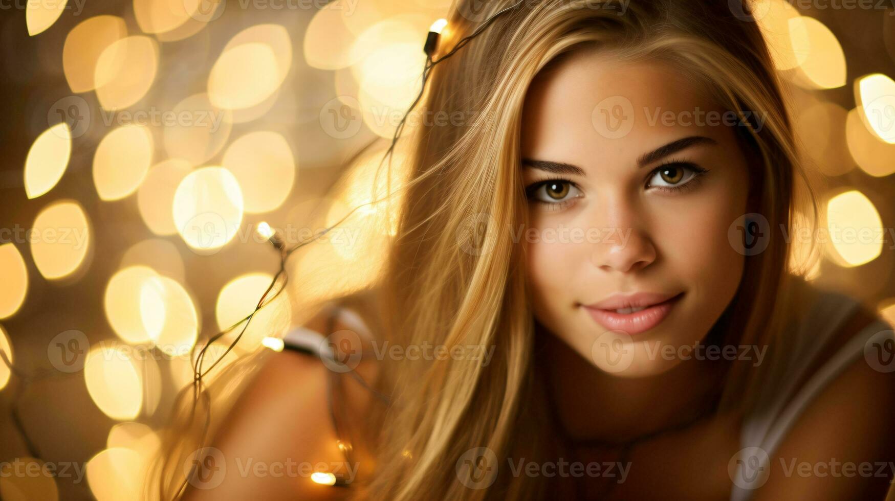 AI generated Glowing Elegance Model Basks in the Enchanting Radiance of Sparkling String Lights against a Pristine White Backdrop photo