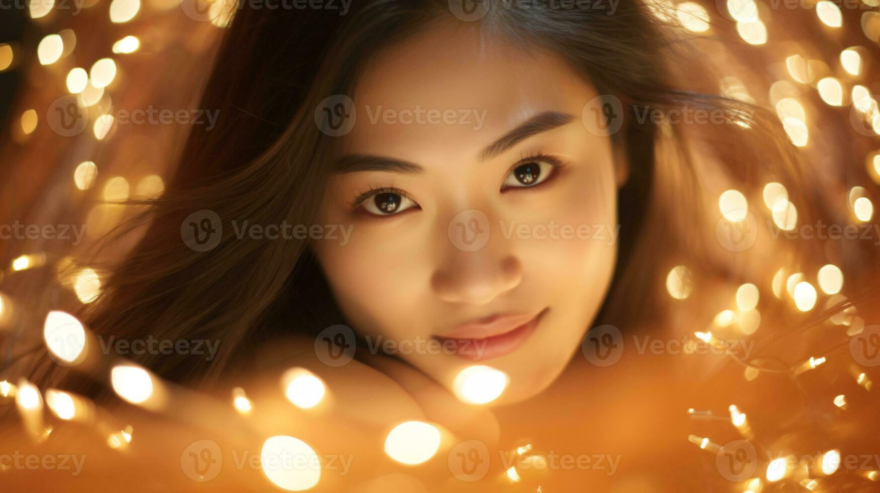 AI generated Glowing Elegance Model Basks in the Enchanting Radiance of Sparkling String Lights against a Pristine White Backdrop photo