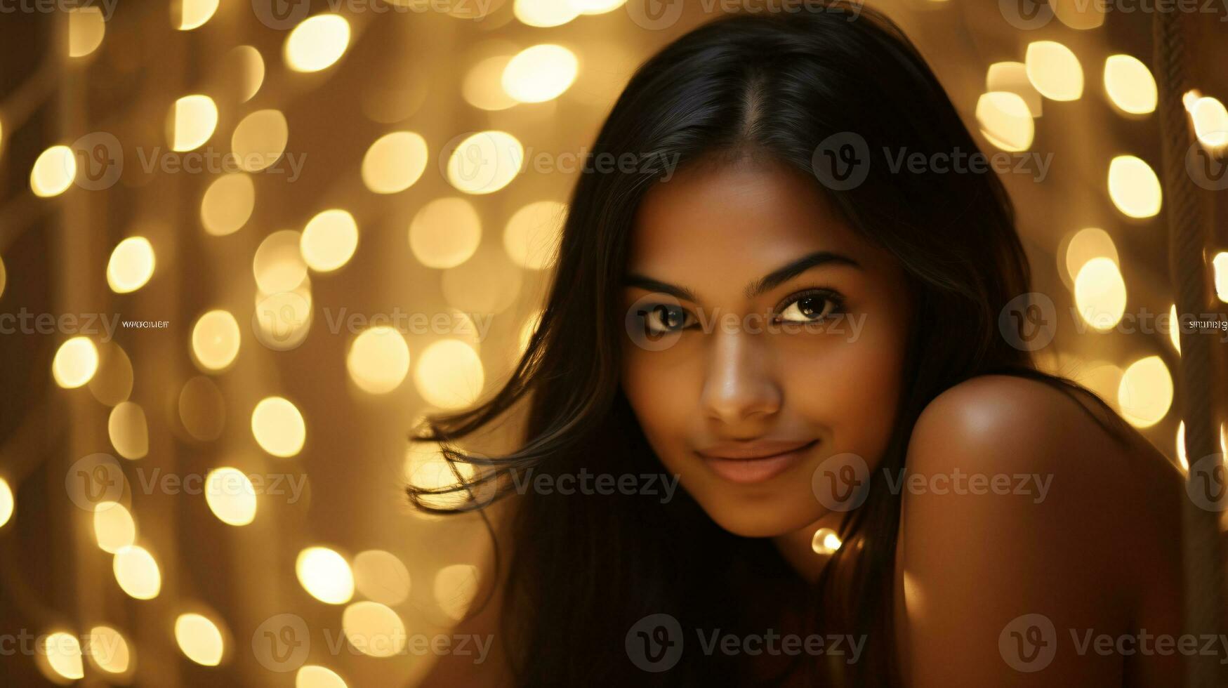 AI generated Glowing Elegance Model Basks in the Enchanting Radiance of Sparkling String Lights against a Pristine White Backdrop photo