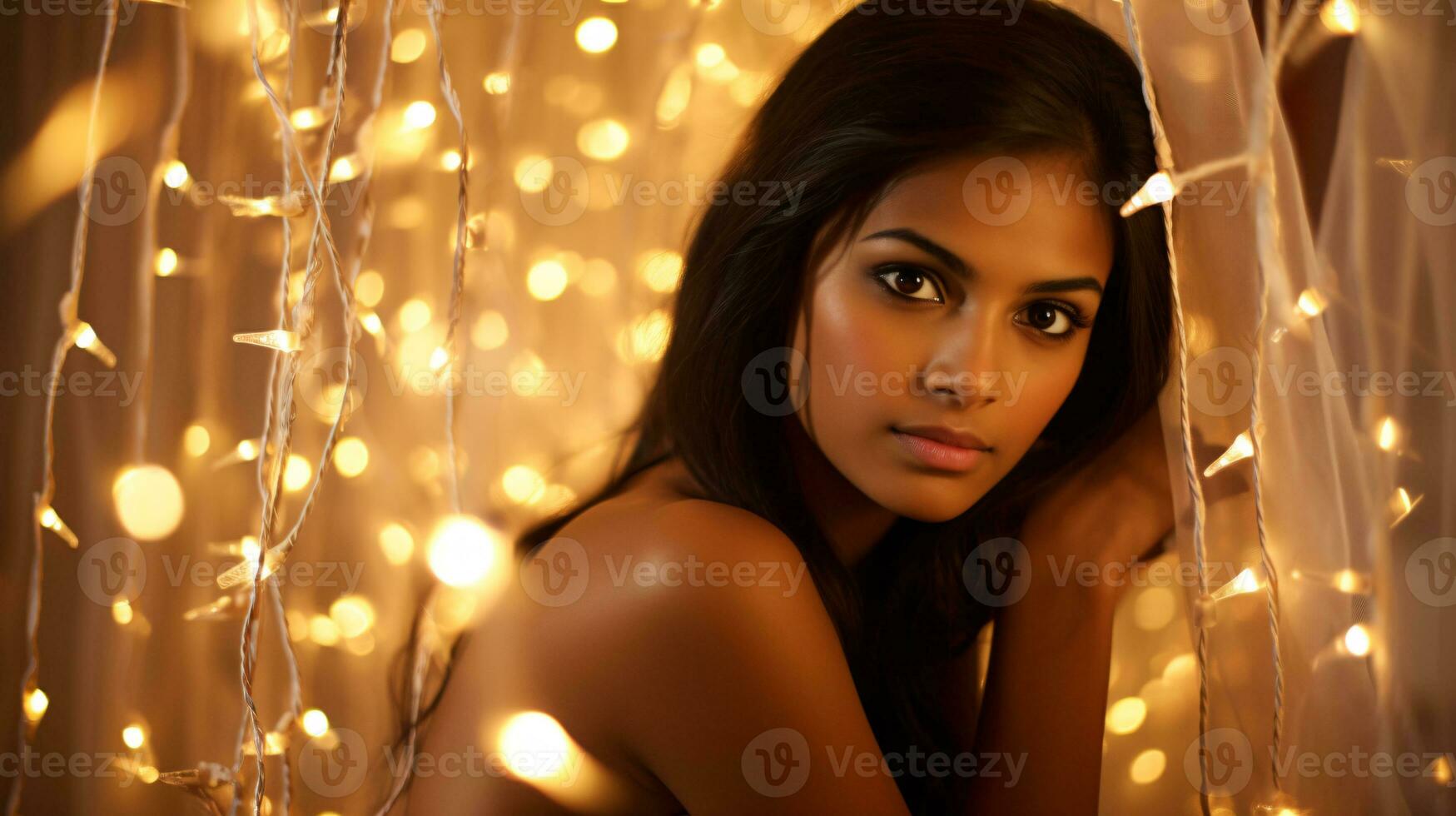 AI generated Glowing Elegance Model Basks in the Enchanting Radiance of Sparkling String Lights against a Pristine White Backdrop photo
