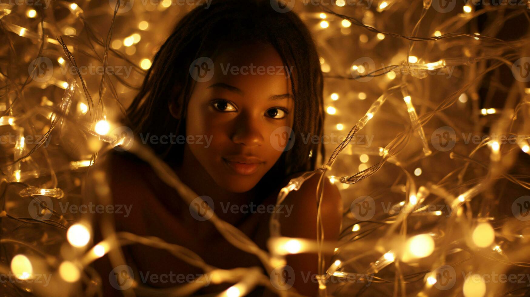 AI generated Glowing Elegance Model Basks in the Enchanting Radiance of Sparkling String Lights against a Pristine White Backdrop photo