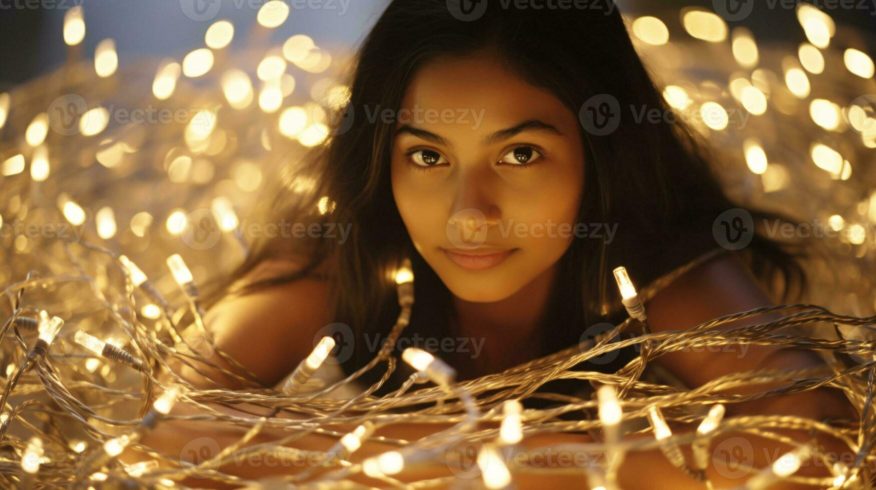 AI generated Glowing Elegance Model Basks in the Enchanting Radiance of Sparkling String Lights against a Pristine White Backdrop photo