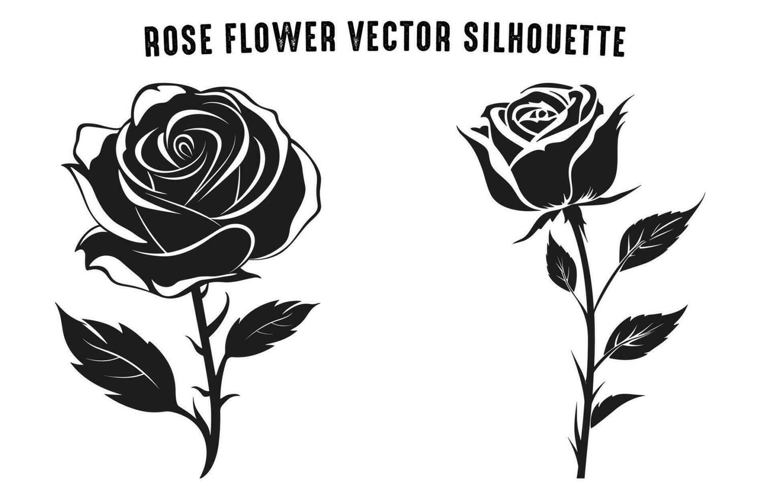 Rose Flower Vector black Silhouettes isolated on a white background, Set of decorative roses with leaves Clipart