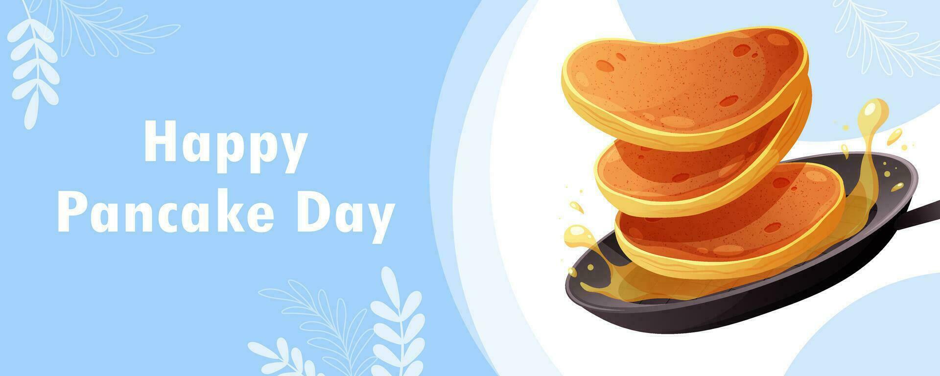 Pan with pancakes and butter on blue background and text Happy Pancake Day. Greeting, advertising banner, postcard vector