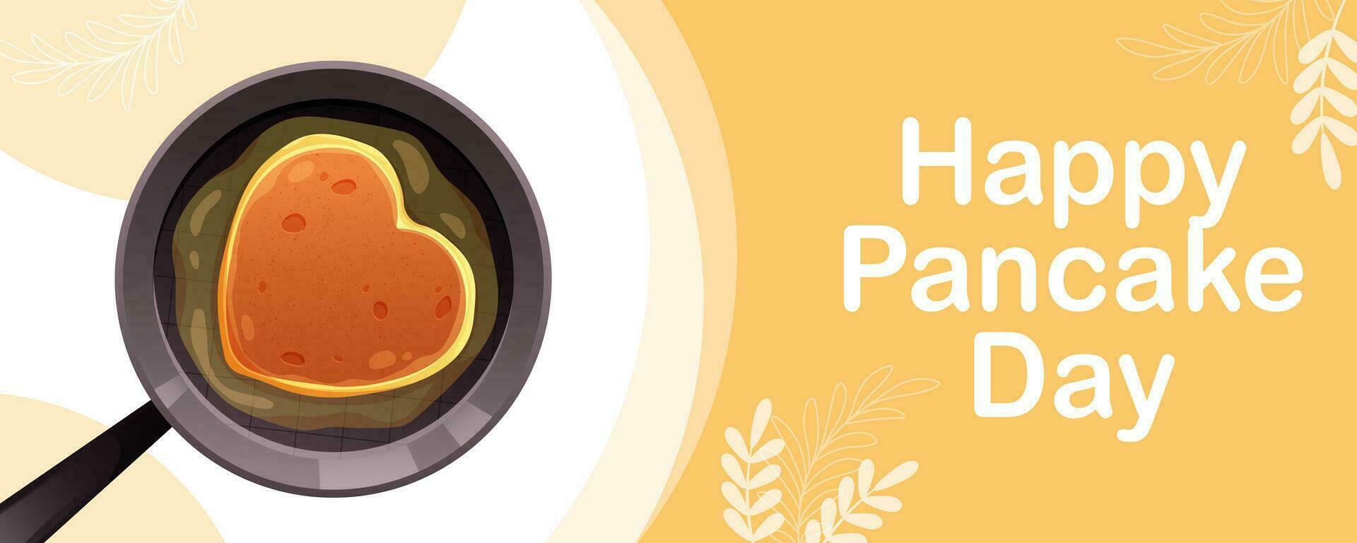 Pan with heart pancake and butter on yellow background and text Happy Pancake Day. Greeting, advertising banner, postcard vector
