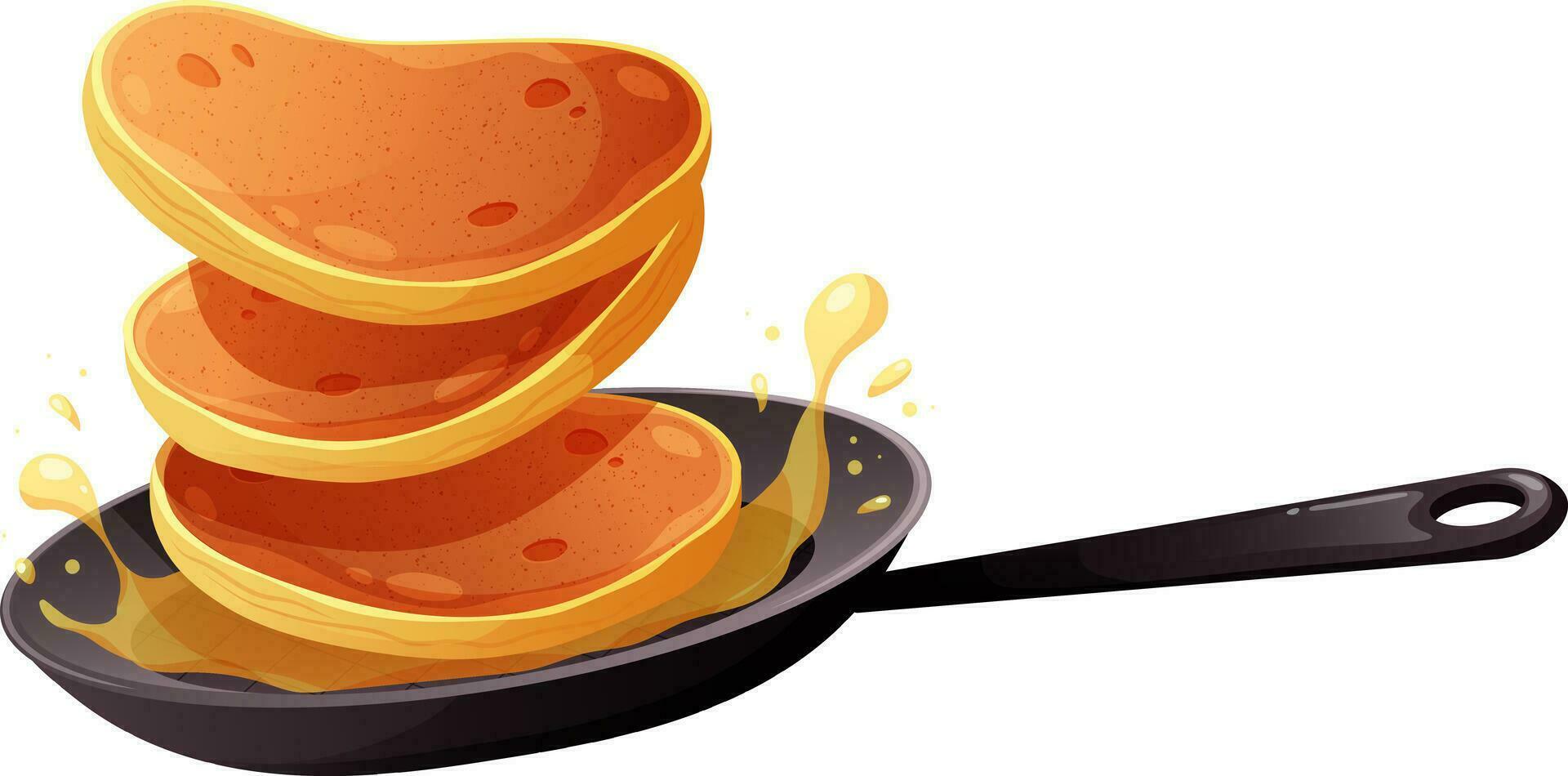 Frying pan with flying pancakes and oil on transparent background. Vector illustration for Pancake Day and breakfast in cartoon style