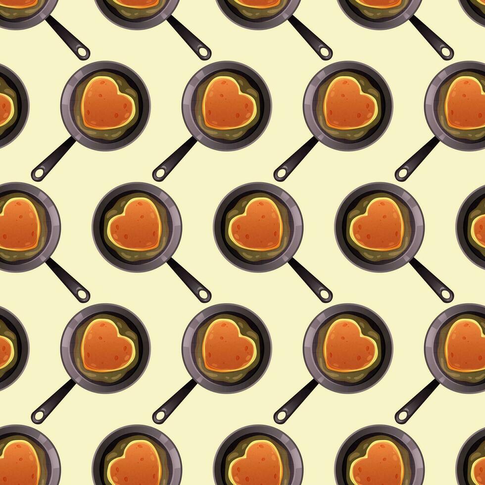 Seamless pattern of pancake hearts in frying pan on light background. Vector pattern for Pancake Day, bakery