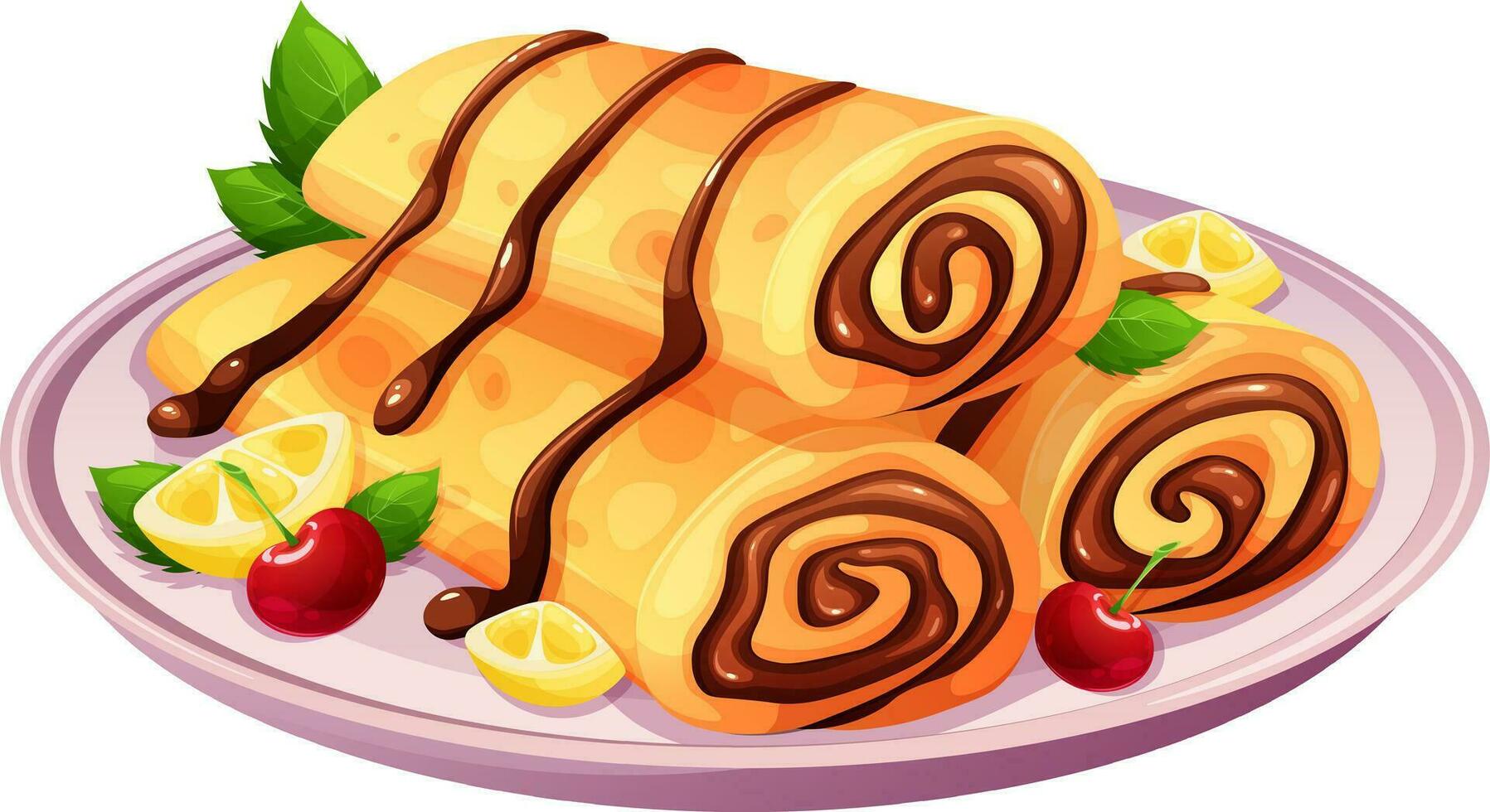 Stack of thin pancakes rolled into tube with chocolate and fruit. Vector illustration for Pancake Day and traditional breakfast in cartoon style