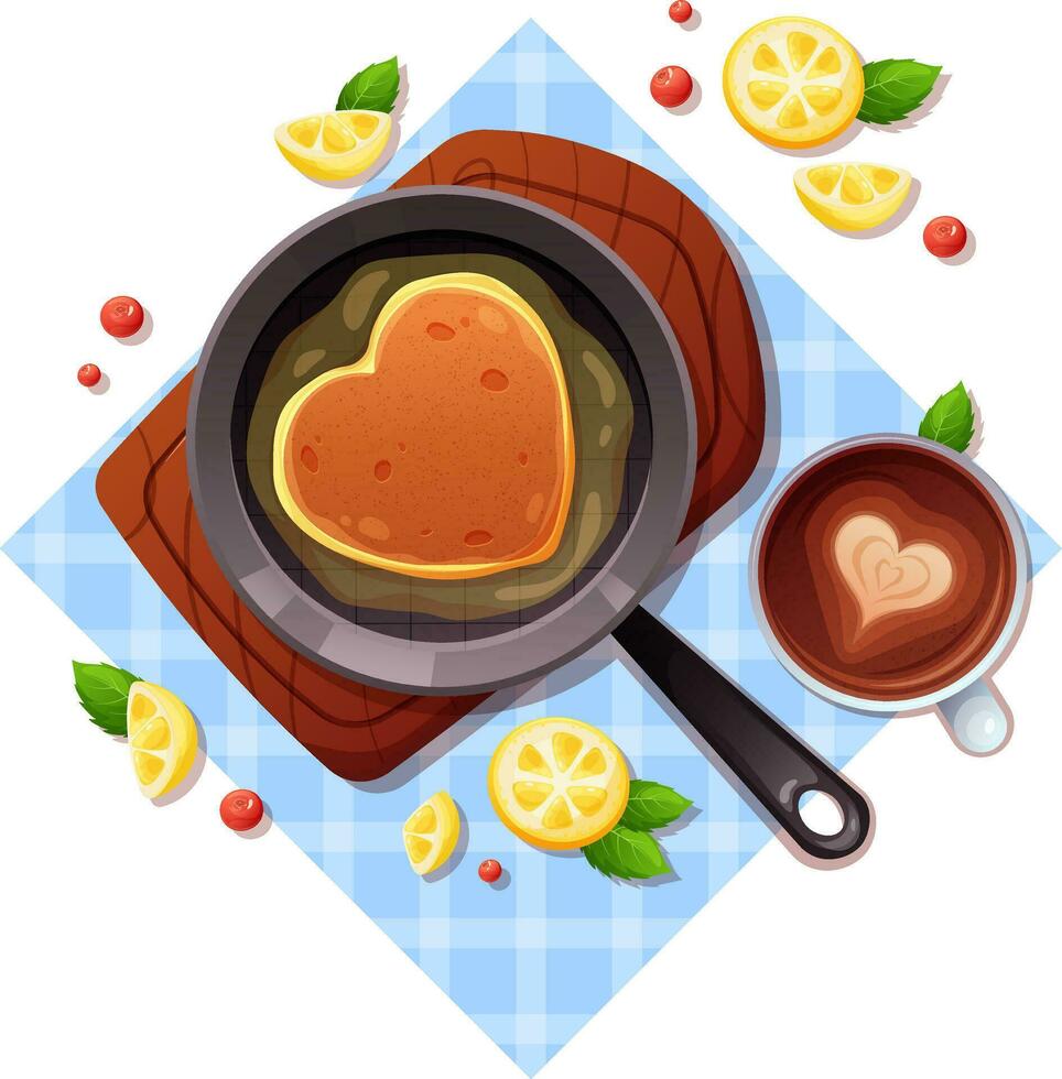 Frying pan with pancake fried in oil, cappuccino cup, fruits and berries on tablecloth. Vector illustration of traditional breakfast, Pancake Day