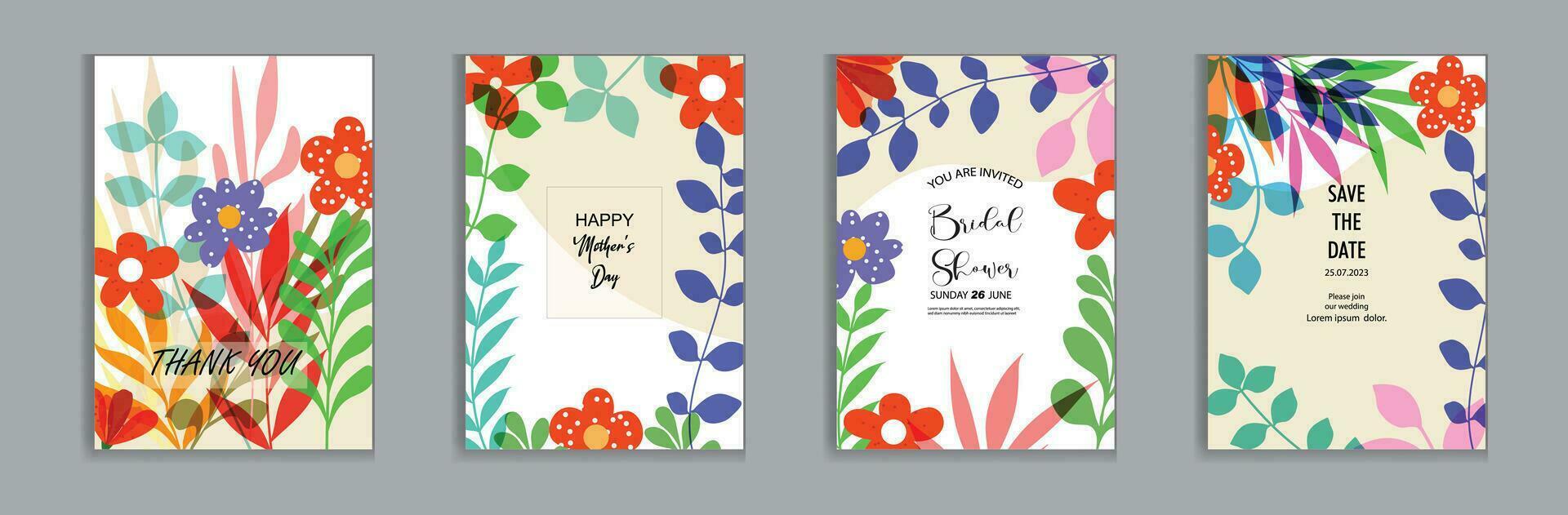 Vector bright and colorful  wedding cards, invitation template leaves, and flowers floral