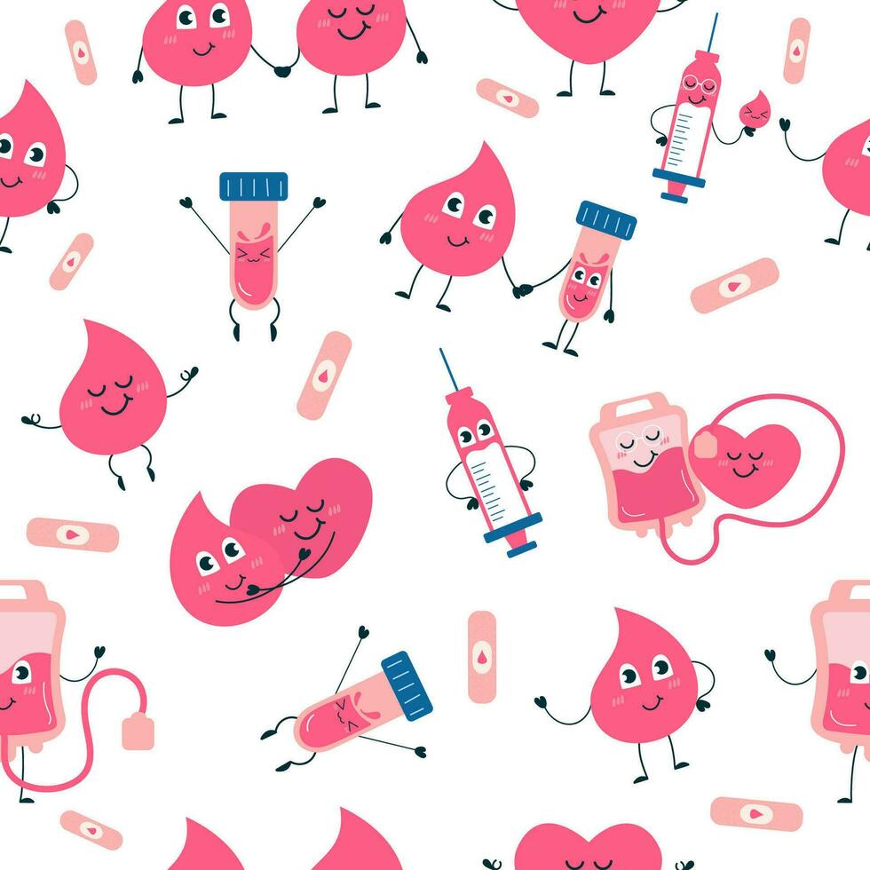 Blood donation seamless pattern. Character drops of blood, heart, syringe, blood bag vector