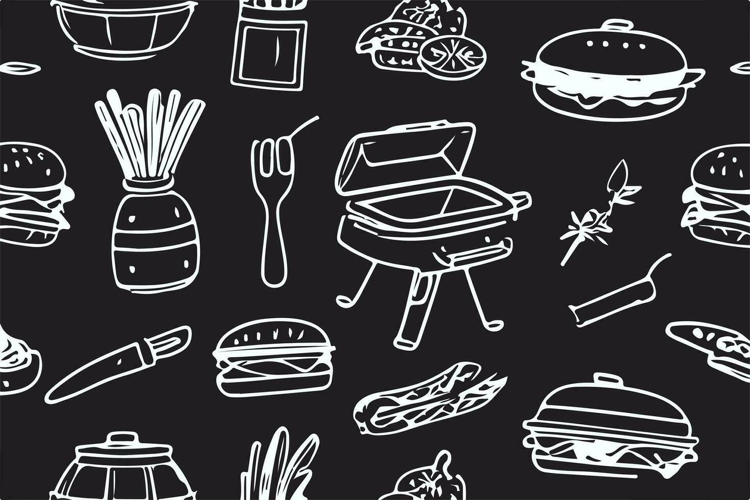 Barbecue grill hand-drawn outline doodle Set. BBQ Vector Illustration Barbecue party Sketch