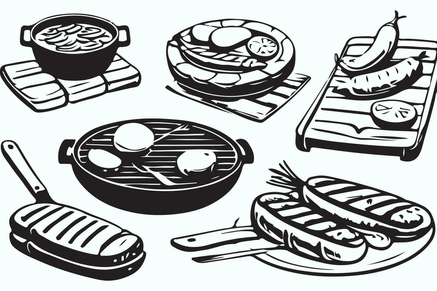 Barbecue grill hand-drawn outline doodle Set. BBQ Vector Illustration Barbecue party Sketch