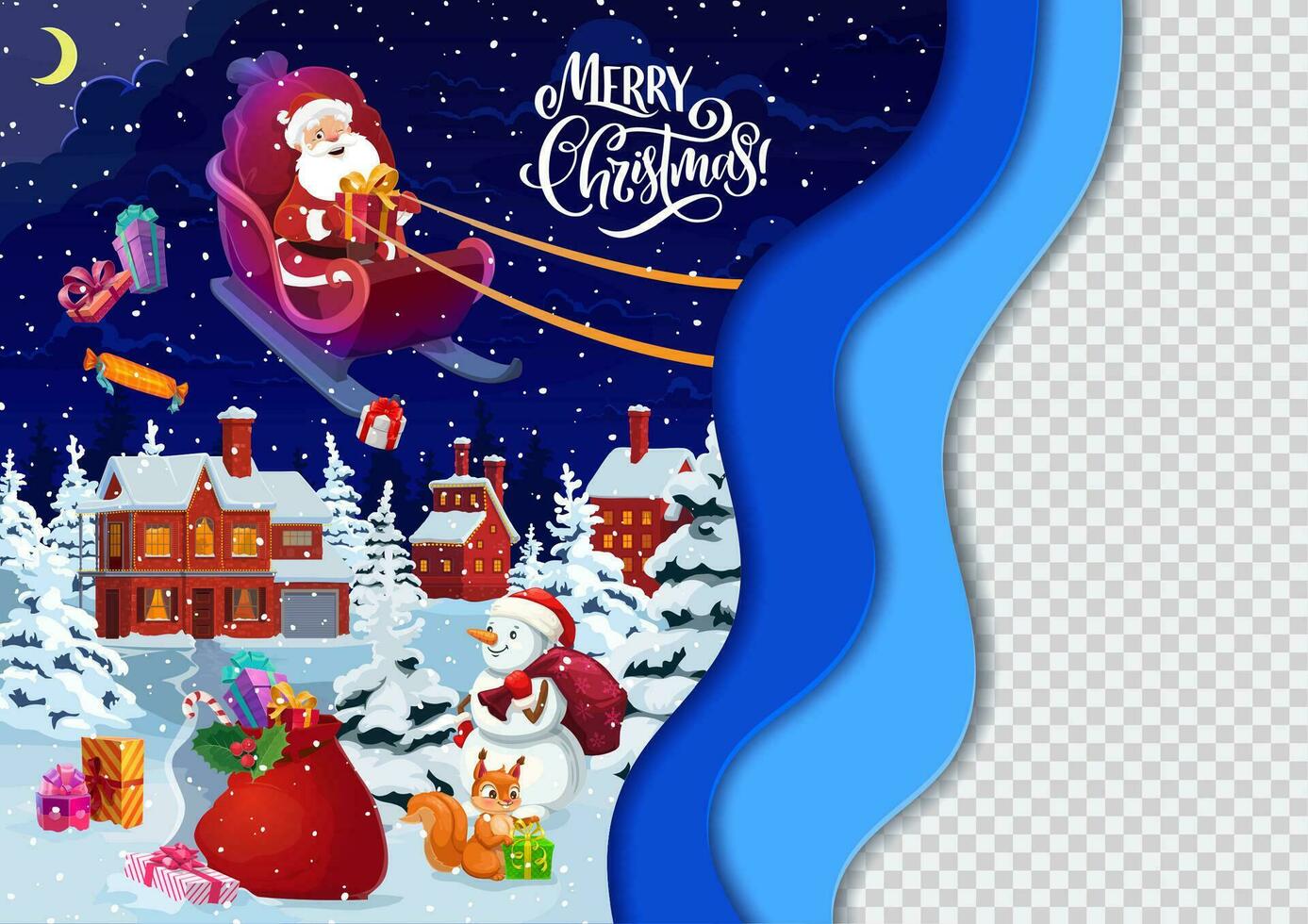 Navidad papel cortar con volador Papa Noel en trineo vector