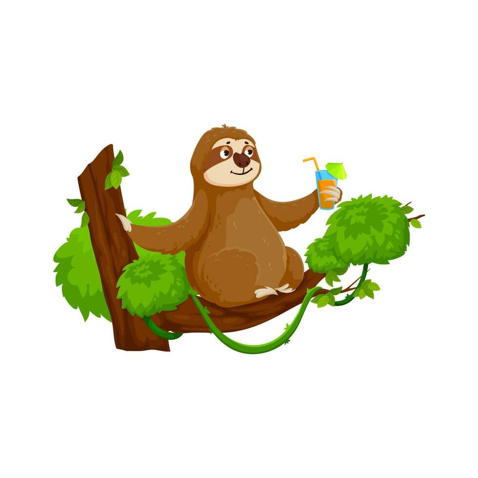 Cartoon funny sloth character enjoys cocktail vector