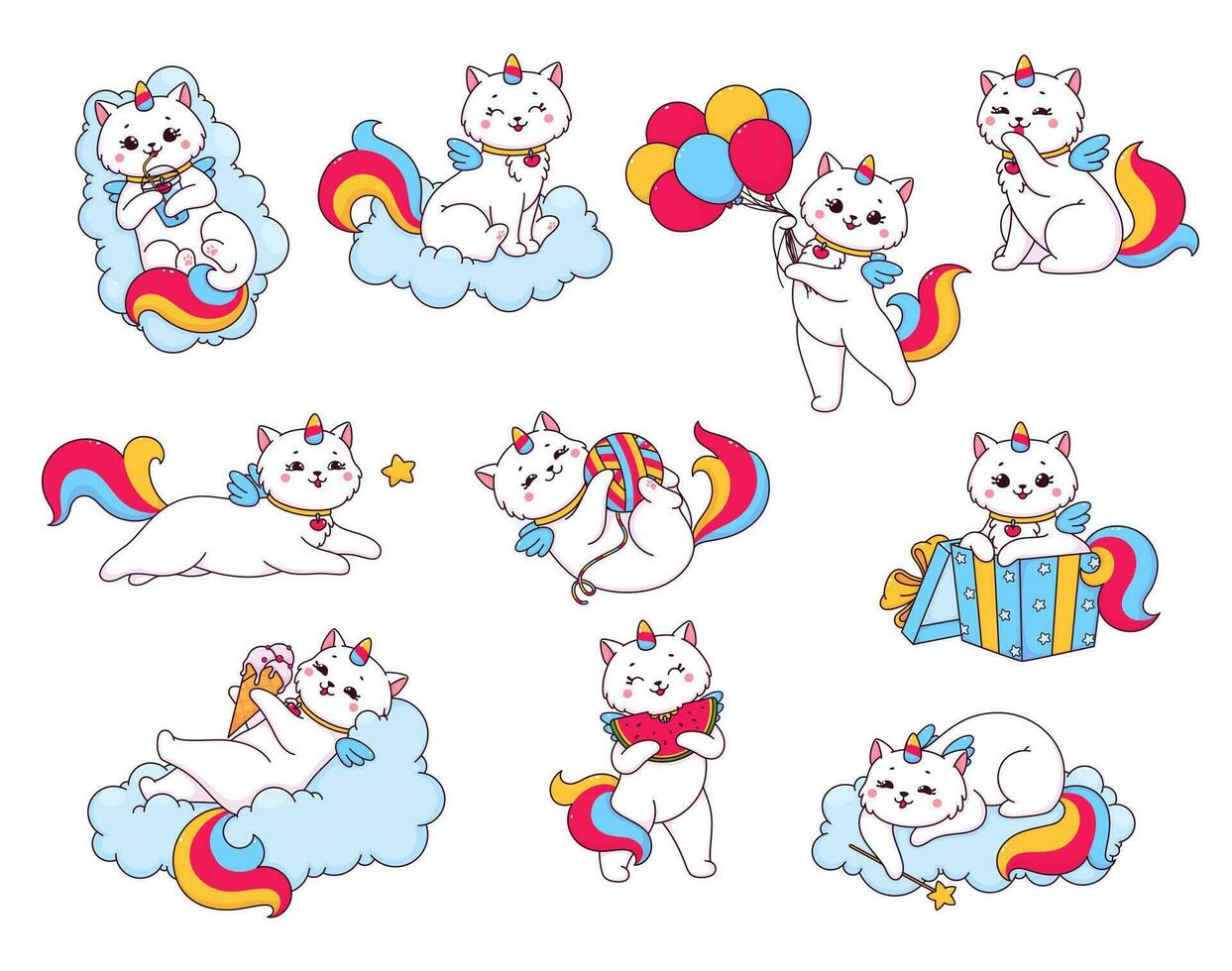 Cute cartoon caticorn characters, kitty unicorns vector