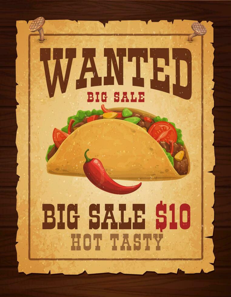 Western wanted poster, Mexican burrito, Tex Mex vector