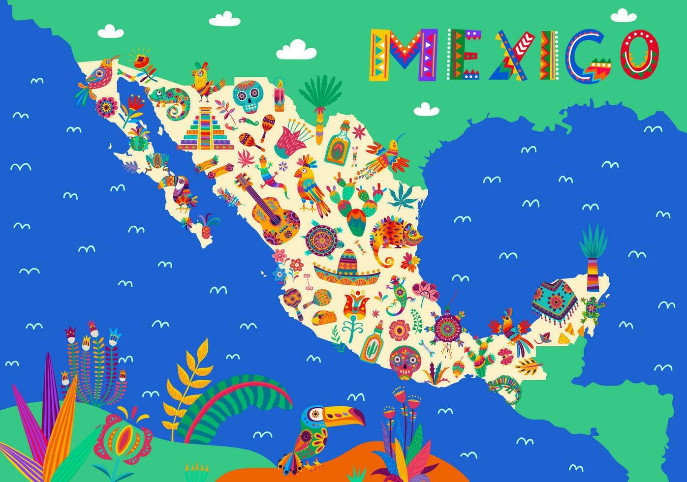 mexico mapa, nacional cocina, animales, instrumentos vector