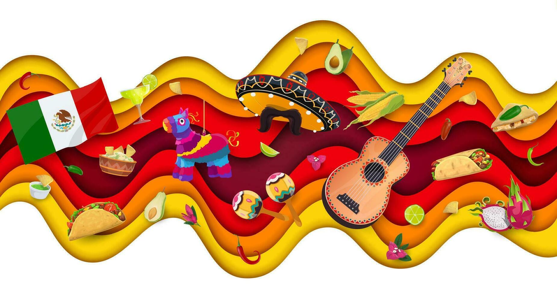 Viva mexico papel cortar ola, guitarra, sombrero, bandera vector