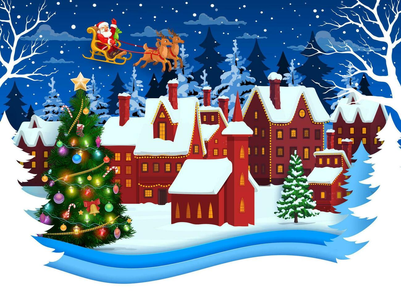 Christmas papercut winter town and Santa on sleigh vector