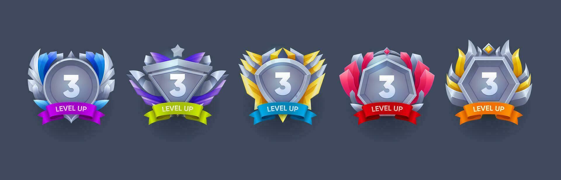Game level up and arcade stage win metal badges vector