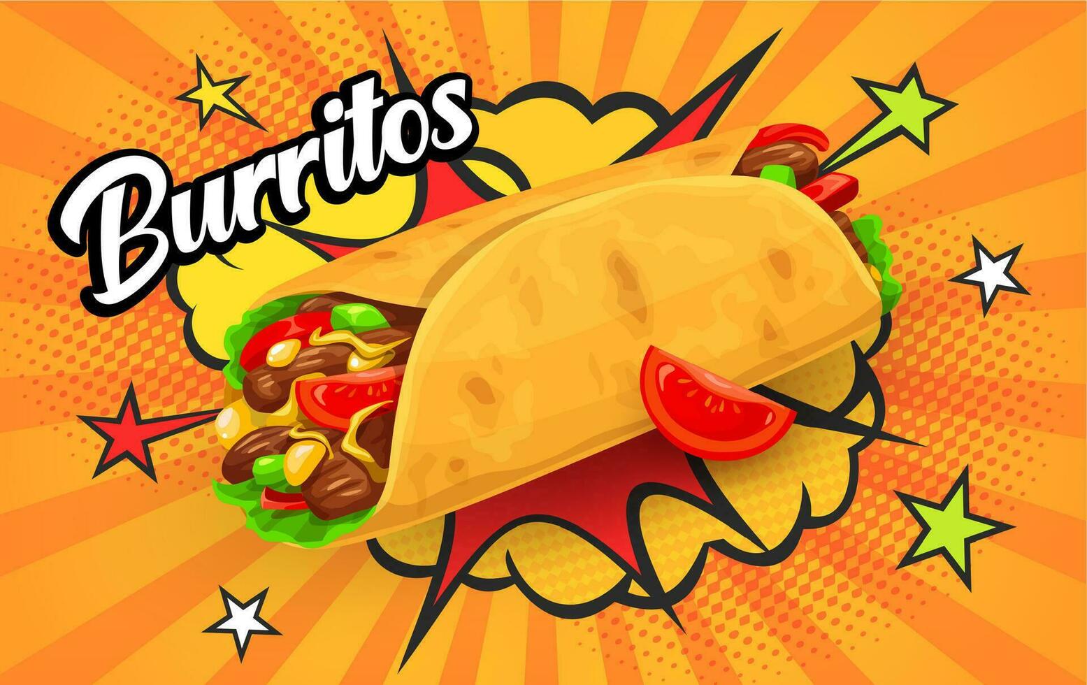 Tex Mex Mexican burrito and retro halftone bubbles vector