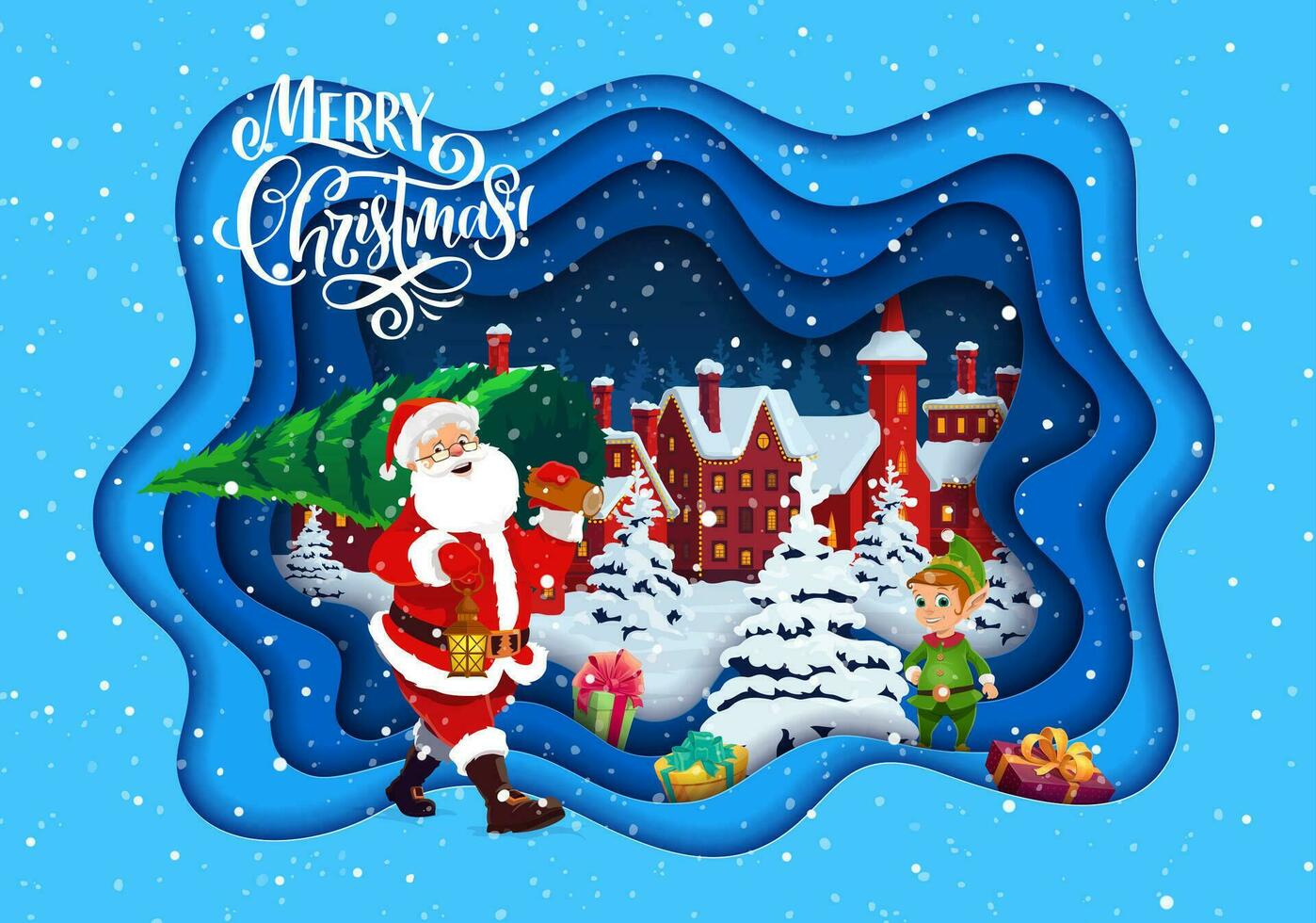 Christmas paper cut Santa with pine tree and elf vector
