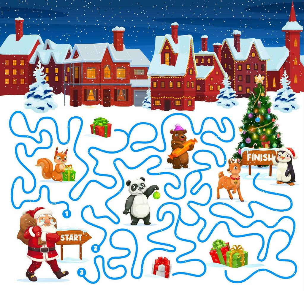 Christmas labyrinth maze with holiday characters vector