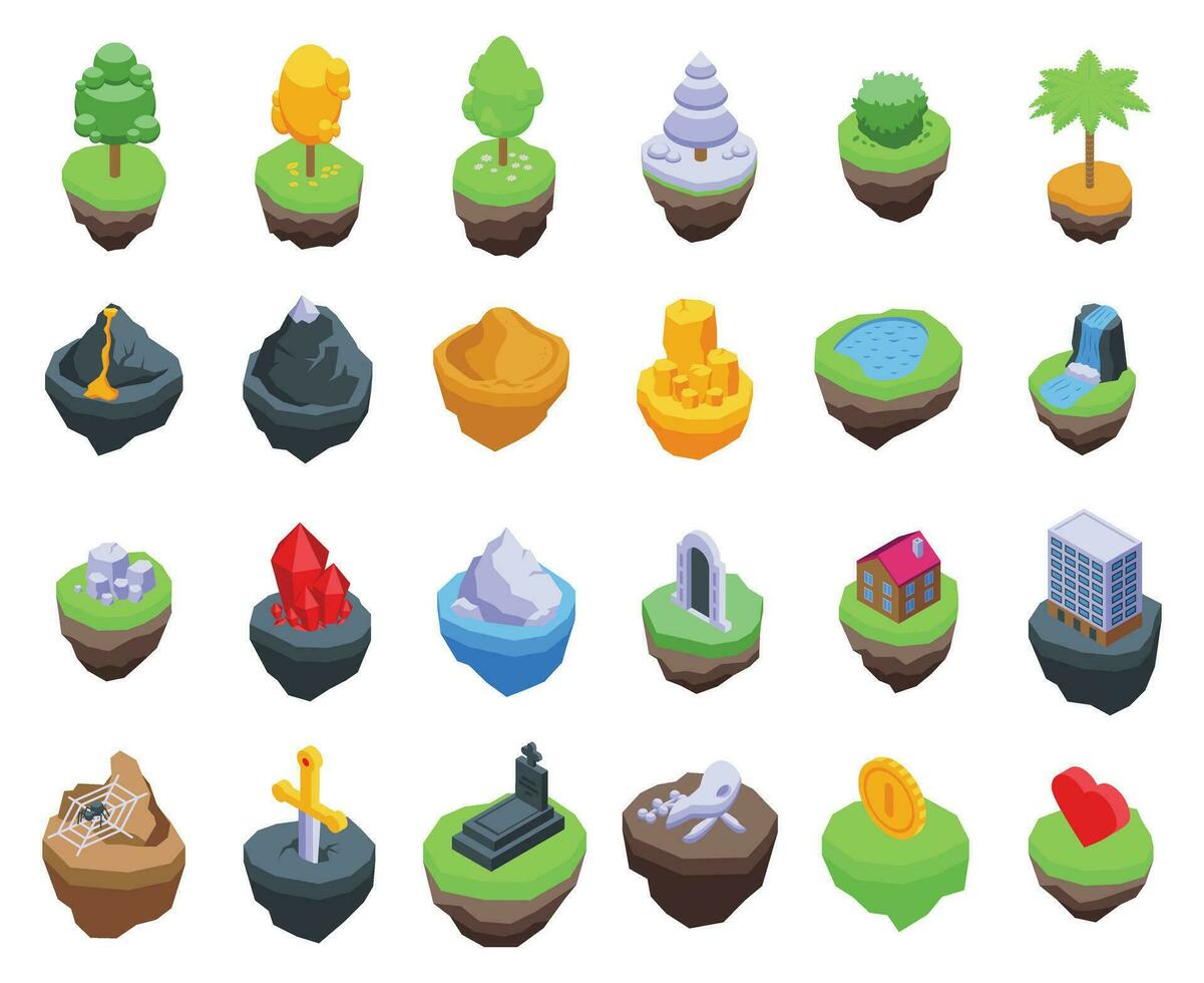 Floating game island icons set isometric vector. Fantasy land vector