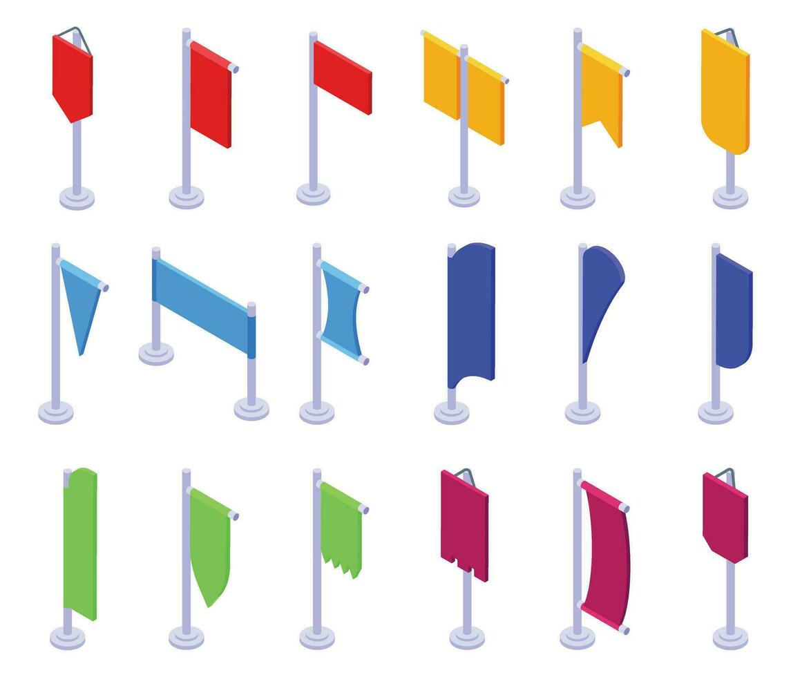 Pennon on pole icons set isometric vector. Flag vertical vector