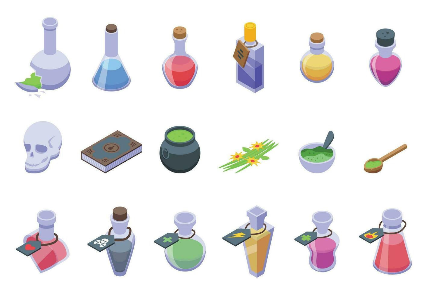 Magic elixir icons set isometric vector. Potion glass vector