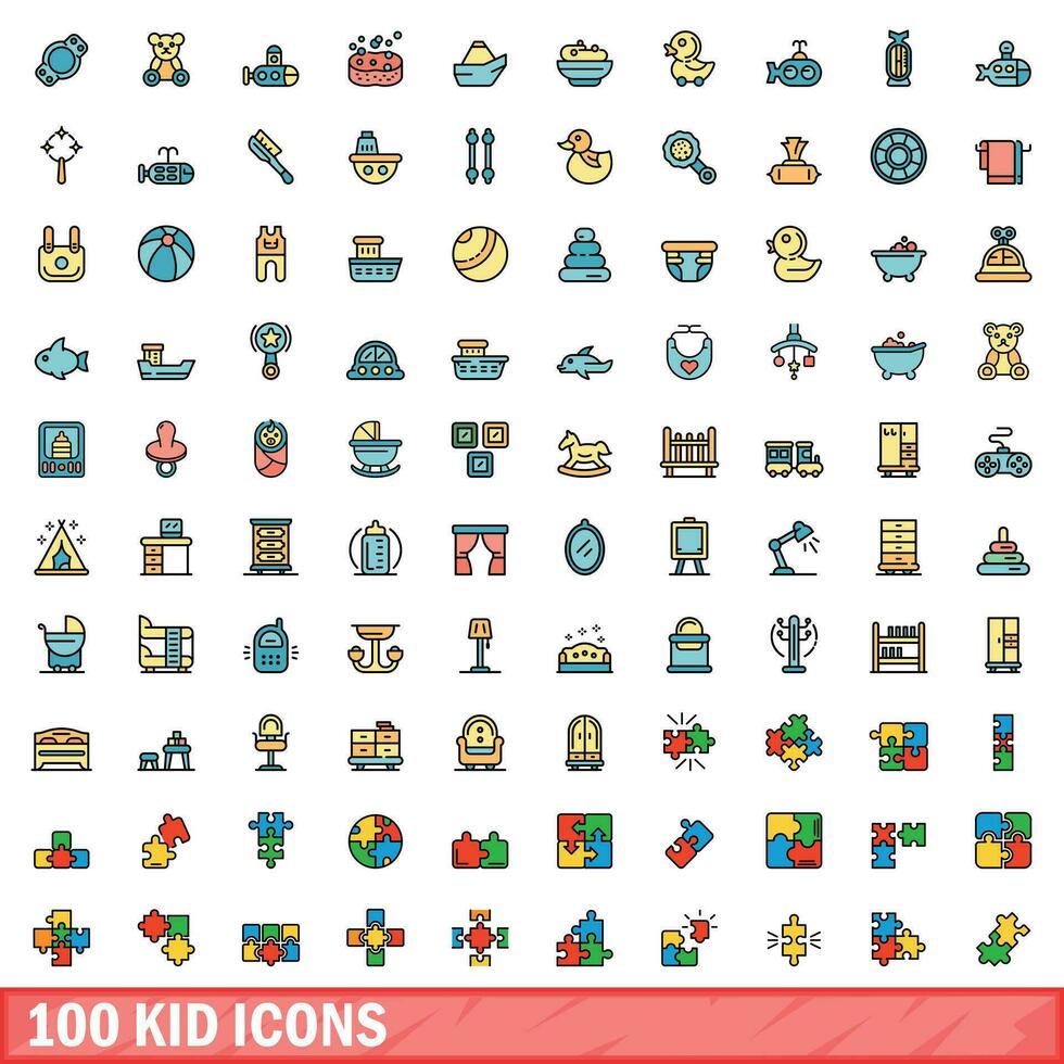 100 niño íconos colocar, color línea estilo vector