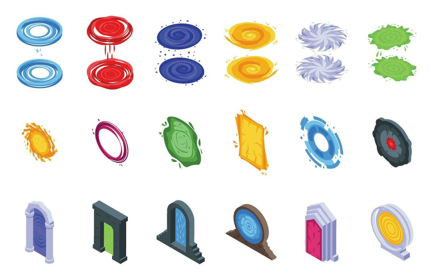 Magic portal icons set isometric vector. Fantasy teleport vector