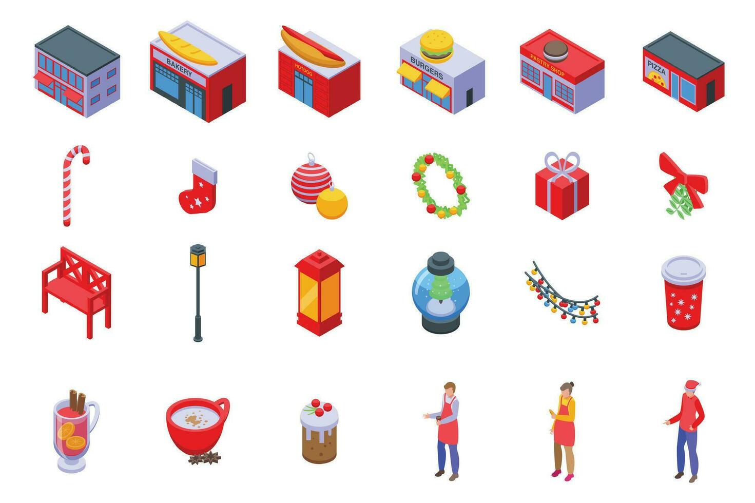 Street cafe on Christmas icons set isometric vector. Street city vector