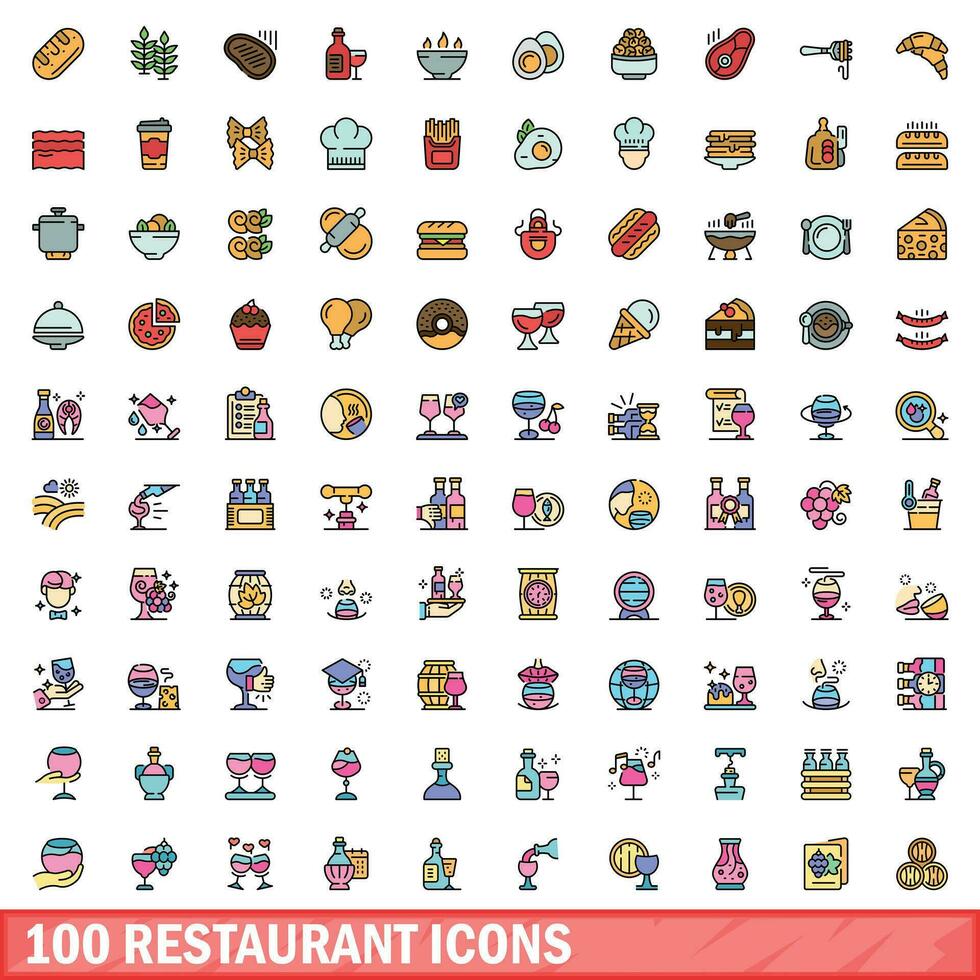 100 restaurant icons set, color line style vector