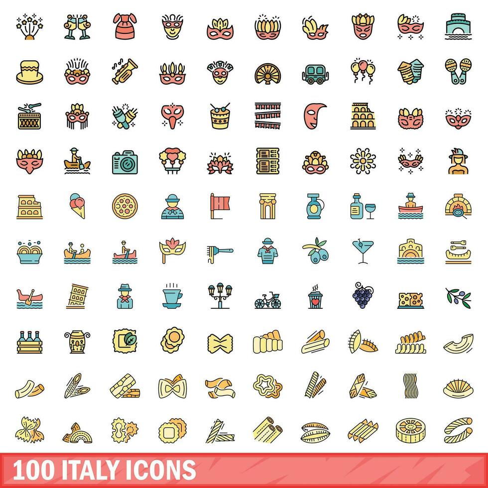 100 italy icons set, color line style vector