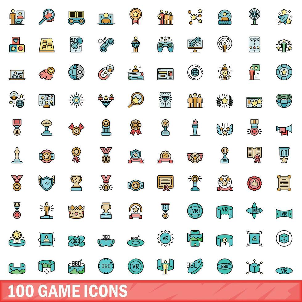 100 game icons set, color line style vector
