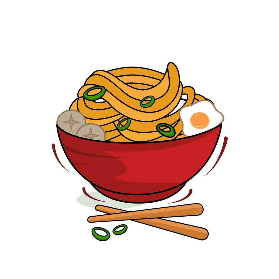 flat illustration of serving noodle soup in a delicious red bowl vector