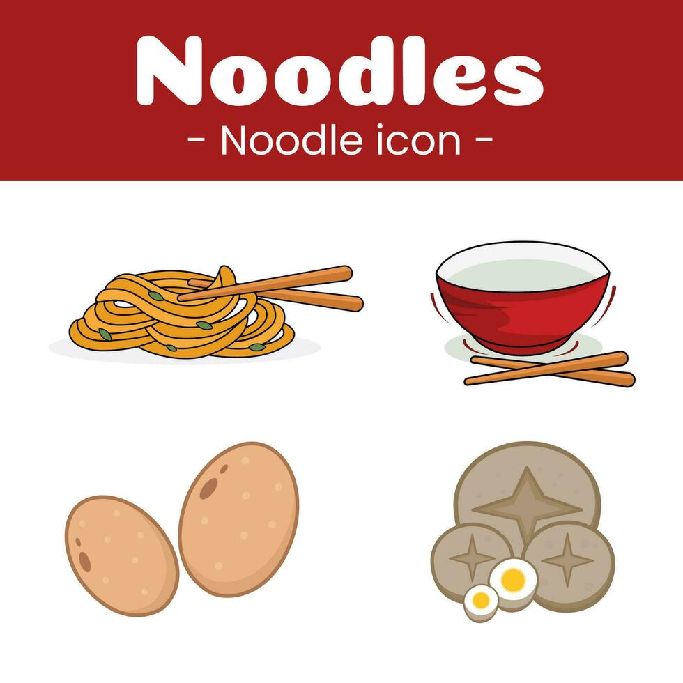set of flat illustration icons of noodles, egg, green onion, red bowl and chopsticks vector