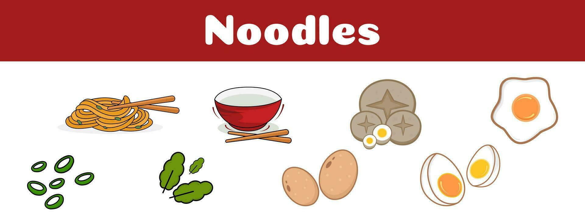set of flat illustration icons of noodles, egg, green onion, red bowl and chopsticks vector