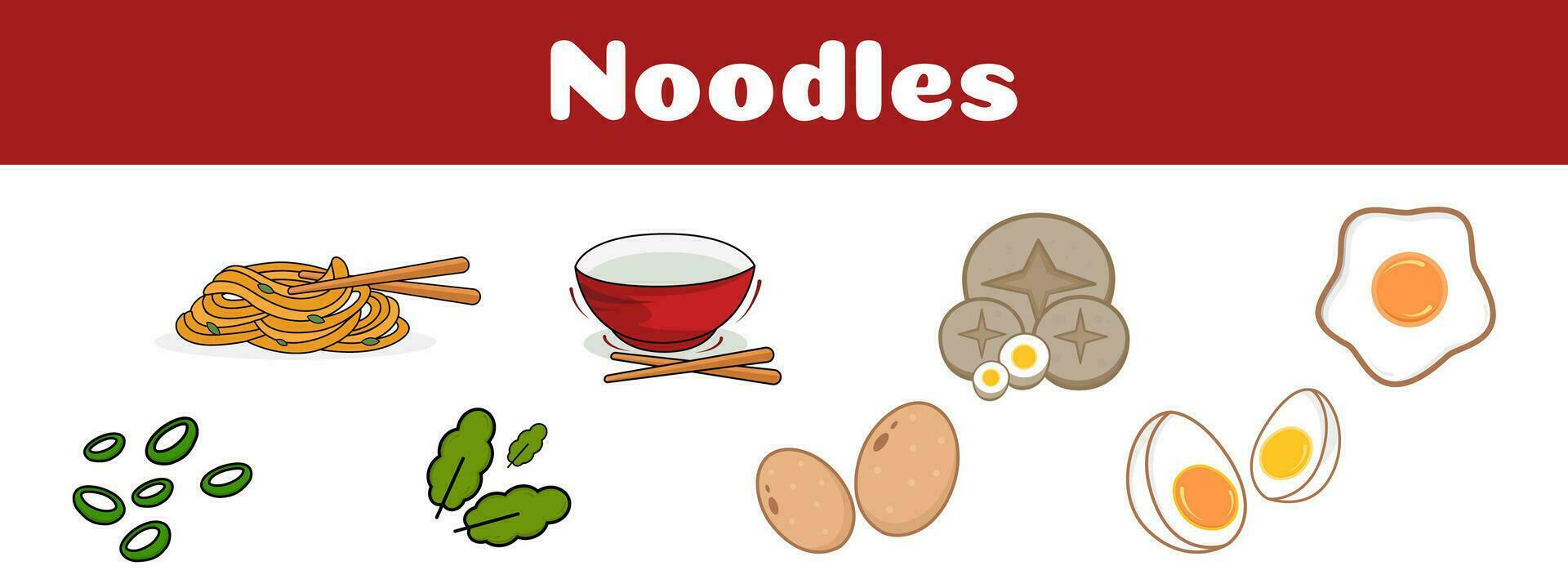 conjunto de plano ilustración íconos de fideos, huevo, verde cebolla, rojo cuenco y palillos vector