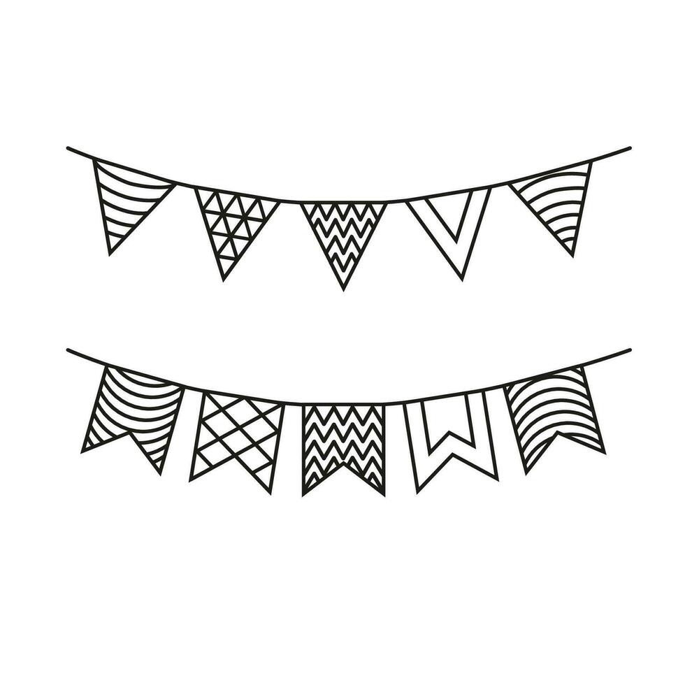 decorative pennant party garland flags birthday holiday hanging clothesline twine auction sale discount pattern print decor doodle isolated outline stroke happiness poster celebrate carnival ornament vector