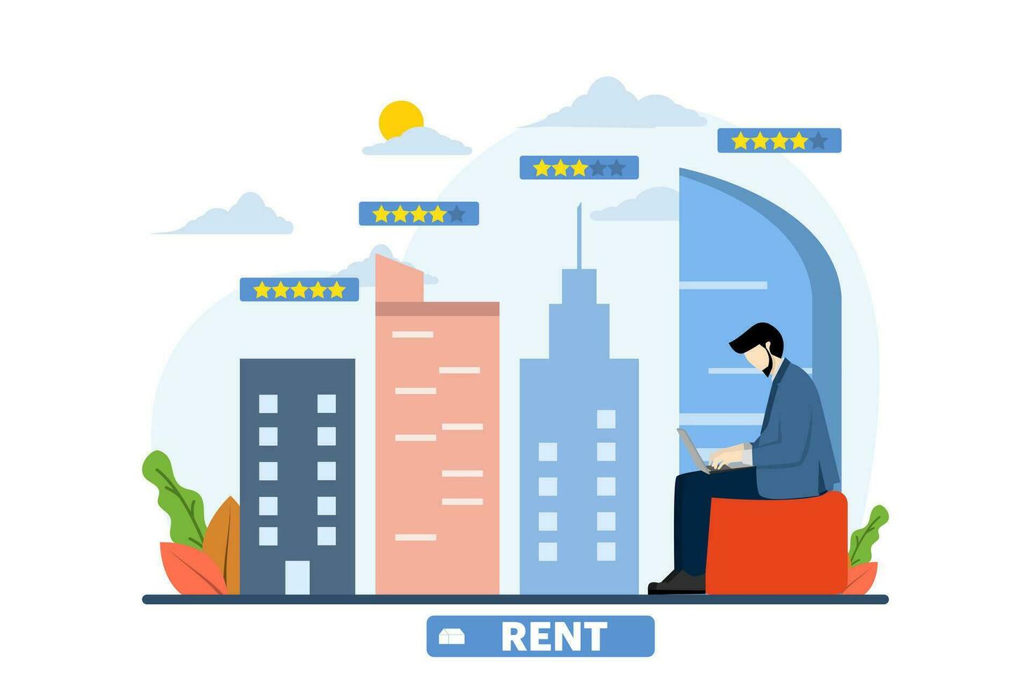 character with laptop choosing a new house to rent, person looking for an apartment, Online real estate selection or search service, Housing selection by rating, New property owner. vector