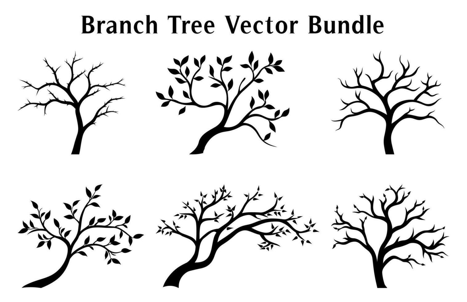 Branch Trees Vector Black Silhouettes, Set of Branch Tree icon clipart isolated on a white background