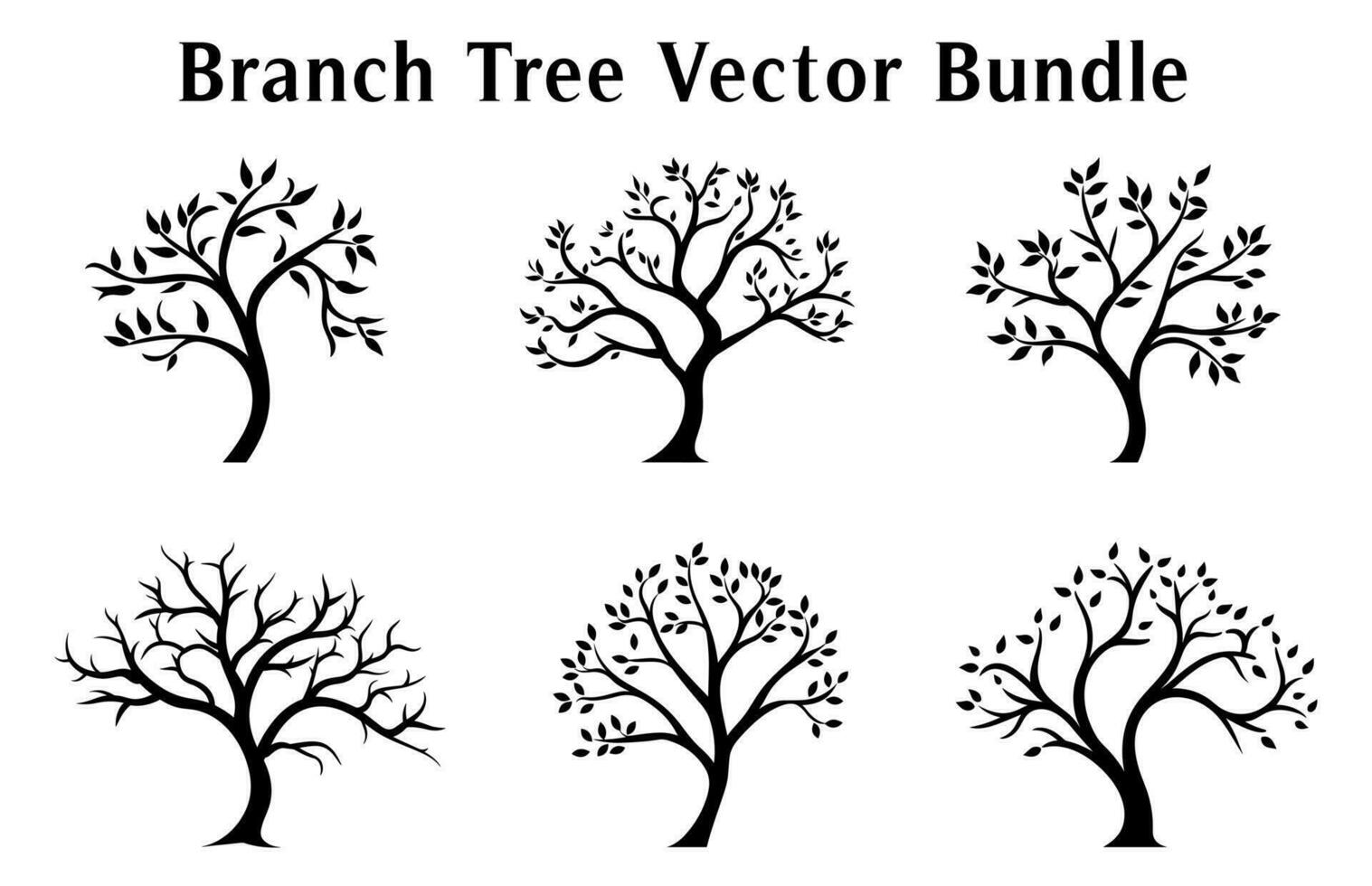 Branch Trees Vector Black Silhouettes, Set of Branch Tree icon clipart isolated on a white background