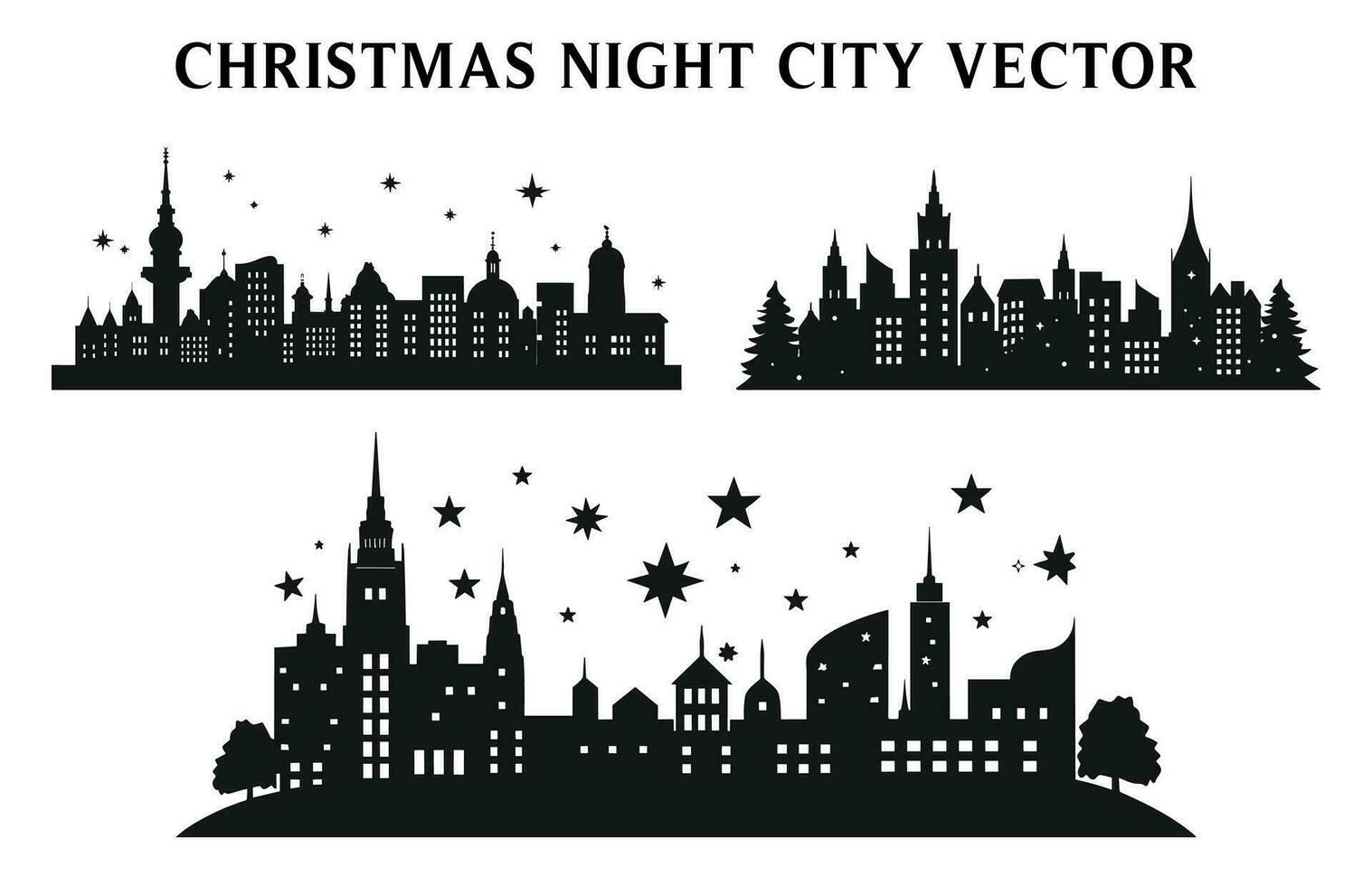 Night Christmas Building Silhouettes, Set of Night view of Christmas Building Vector