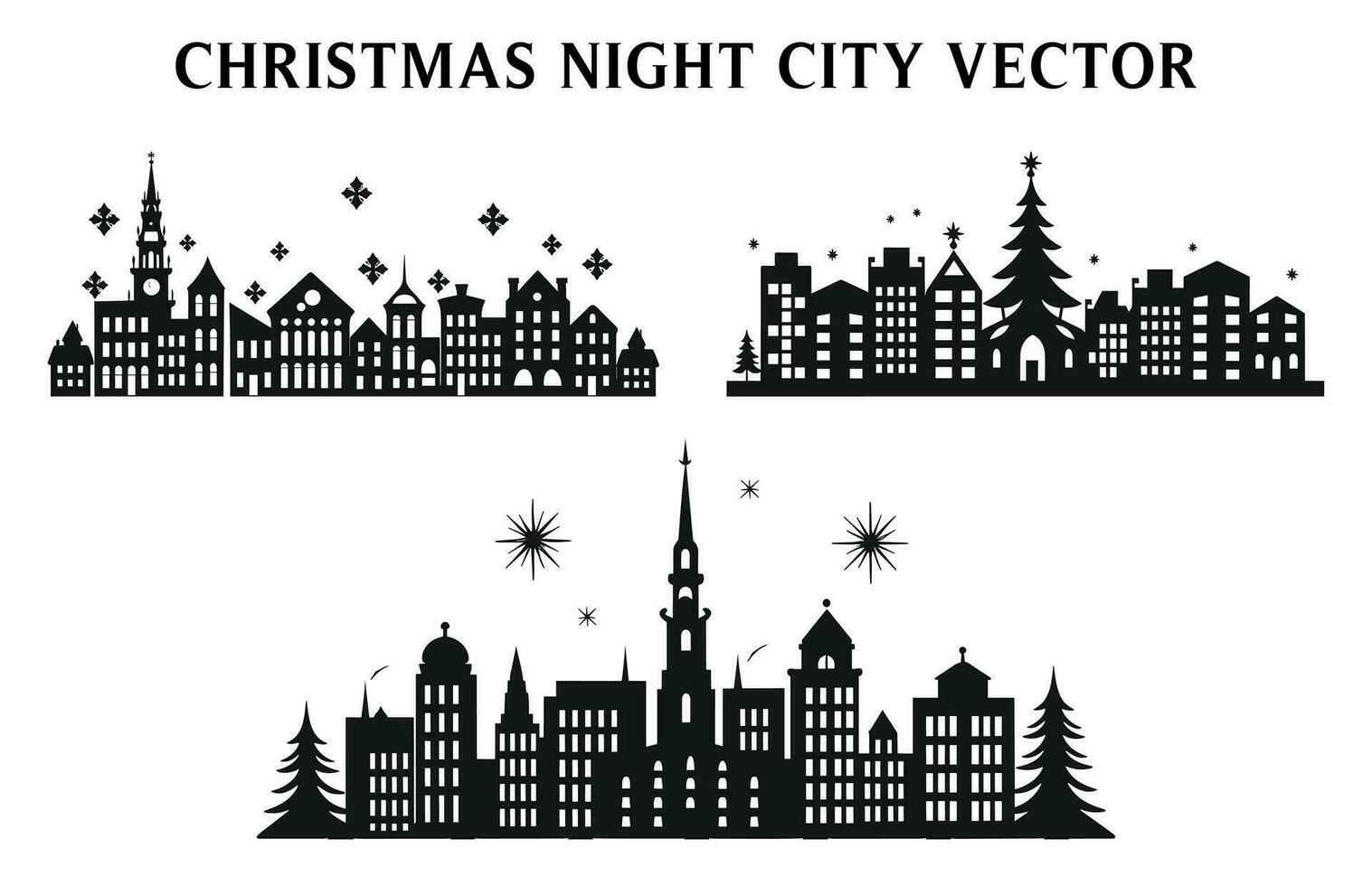 Night Christmas Building Silhouettes, Set of Night view of Christmas Building Vector