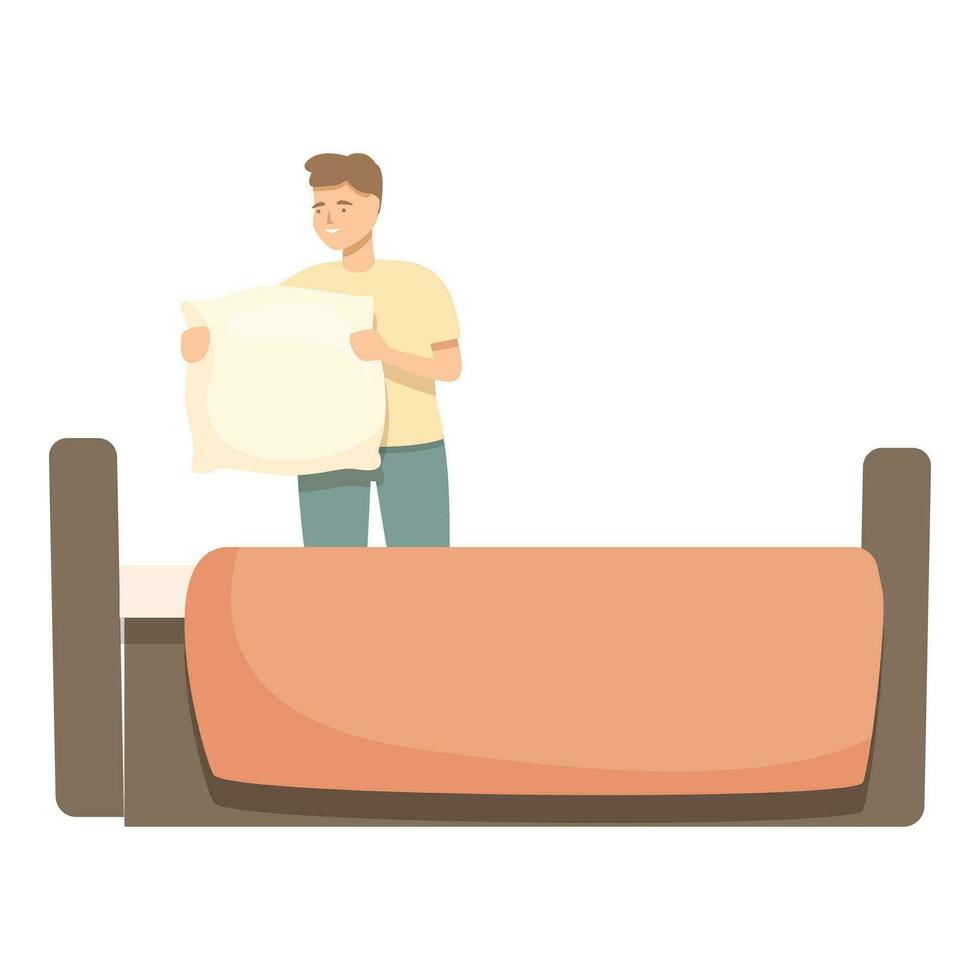 Man making sleeping bed icon cartoon vector. Housekeeping daily routine. vector