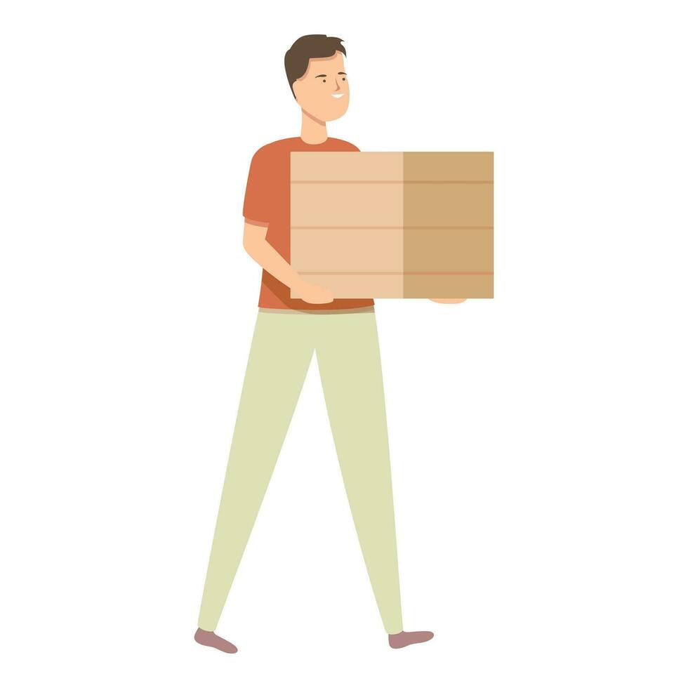 Man carrying stuff box icon cartoon vector. Carton pack with house things. vector